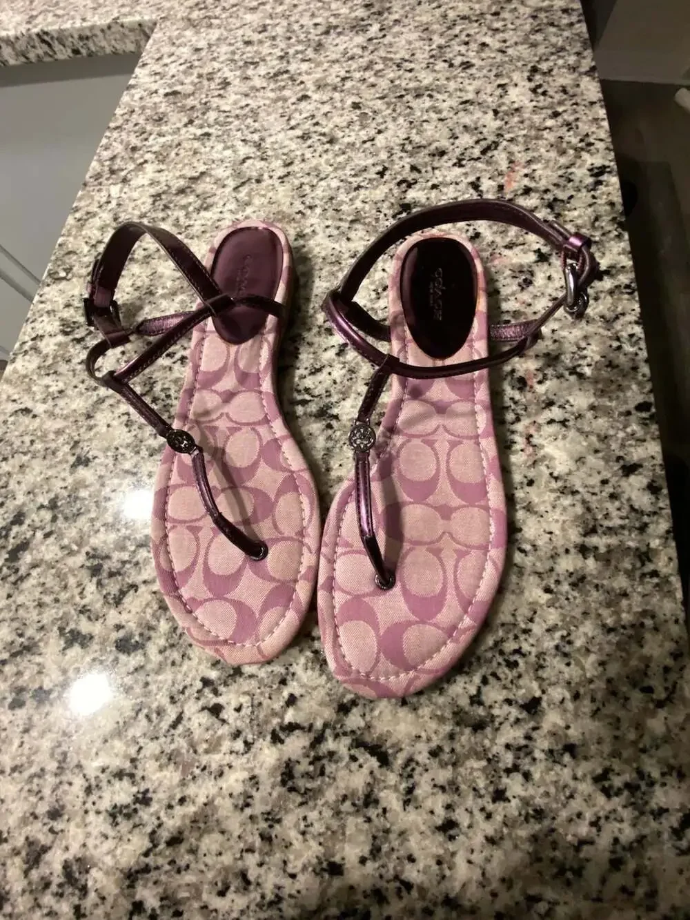 Coach Signature Print T-Strap Ankle Strap Flat Thong Sandals, Purple
